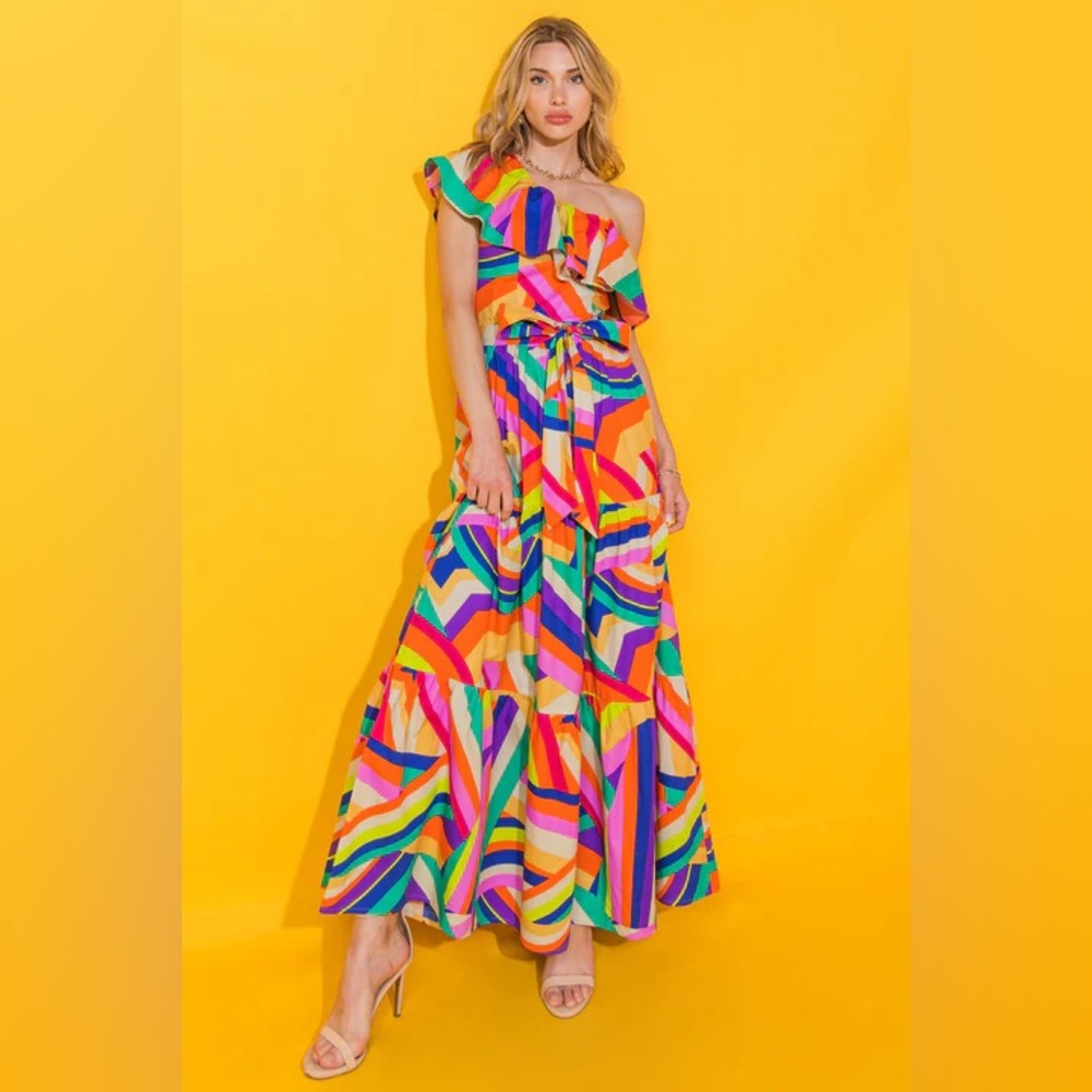 Rainbow One Shoulder Maxi Dress